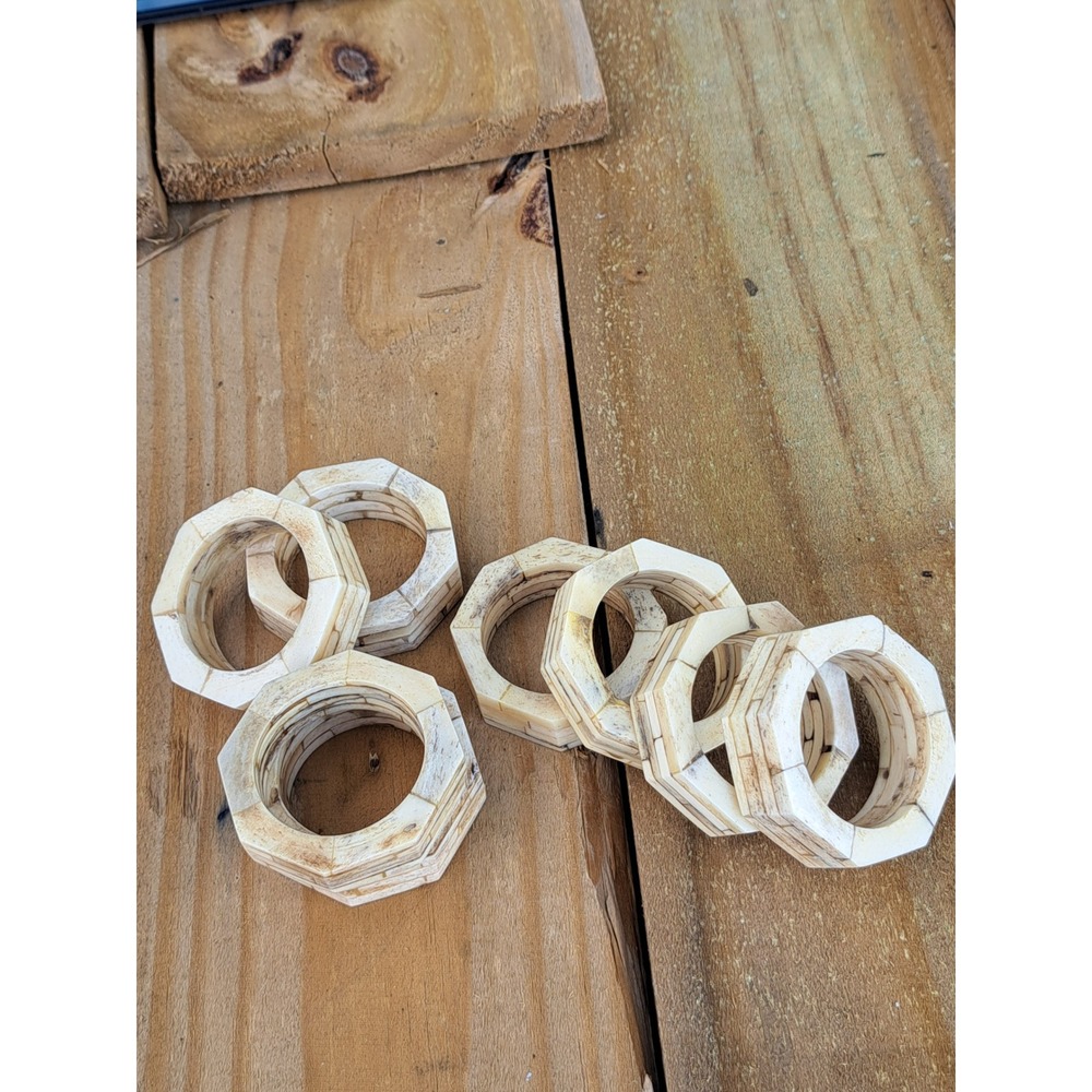 Vintage Bone Inlay Napkin Rings Set of 8 Octagon Cream Ivory Boho Table Decor